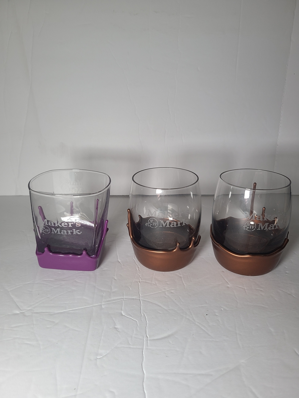 Maker's Mark Bourbon Whiskey Rocks Glass Purple/Gold Wax Drip Faux Seal Base - 3